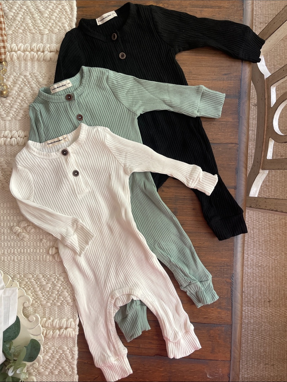 Ribbed Long-Sleeve Baby One-Piece in Black, Sage, and Cream